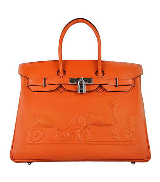 Hermes Birkin 35cm Orange Horse-drawn Leather Bag Silver Metal