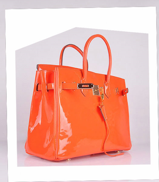 Hermes Birkin 35cm Orange Patent Leather Bag Golden Metal-4