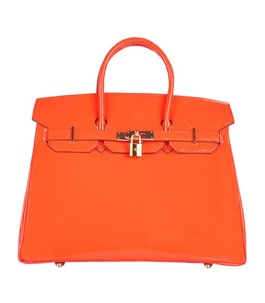 Hermes Birkin 35cm Orange Patent Leather Bag Golden Metal