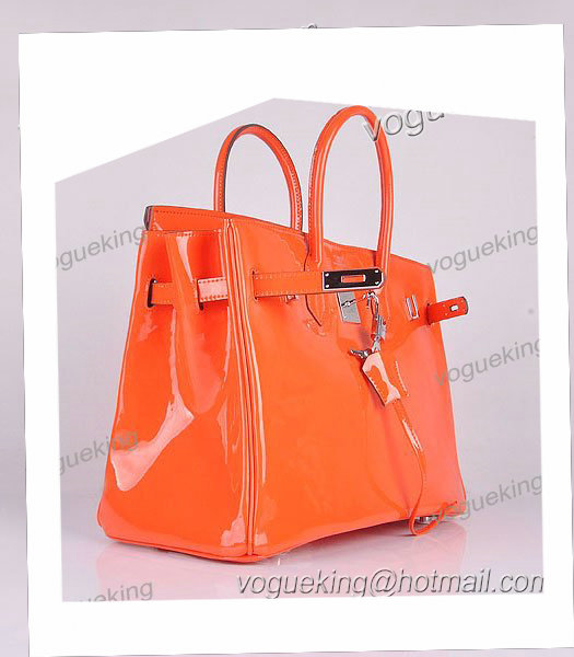 Hermes Birkin 35cm Orange Patent Leather Bag Silver Metal-4