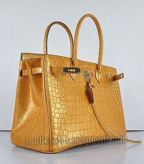 Hermes Birkin 35cm Pear Golden Croc Veins Leather Bag Golden Metal-3