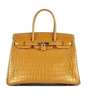Hermes Birkin 35cm Pear Golden Croc Veins Leather Bag Golden Metal