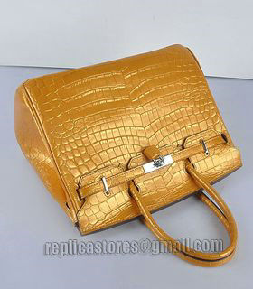 Hermes Birkin 35cm Pear Golden Croc Veins Leather Bag Silver Metal-5
