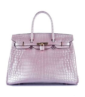 Hermes Birkin 35cm Pear Pink Croc Veins Leather Bag Golden Metal