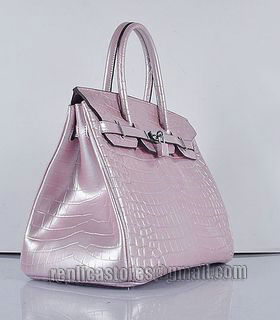 Hermes Birkin 35cm Pear Pink Croc Veins Leather Bag Silver Metal-1