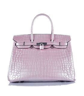 Hermes Birkin 35cm Pear Pink Croc Veins Leather Bag Silver Metal