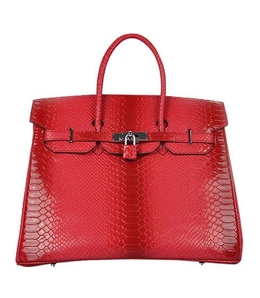 Hermes Birkin 35cm Red Snake Veins Leather Bag Silver Metal