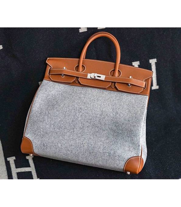 Hermes Birkin 40cm Bag Grey Suede With Brown Original Leather Silver Metal