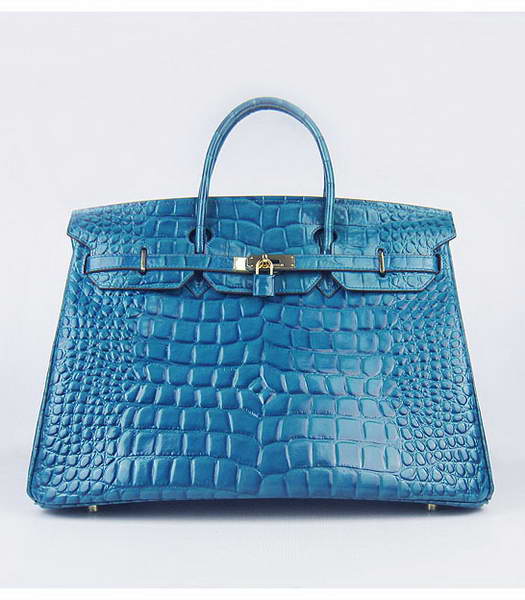 Hermes Birkin 40cm Middle Blue Big Croc Leather Bag Golden Metal