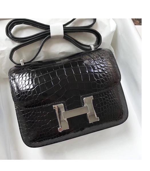 Hermes Constance 18cm Mini Bag Black Real Croc Leather Silver Metal