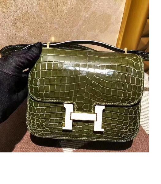 Hermes Constance 18cm Mini Bag Olive Green Real Croc Leather Golden Metal