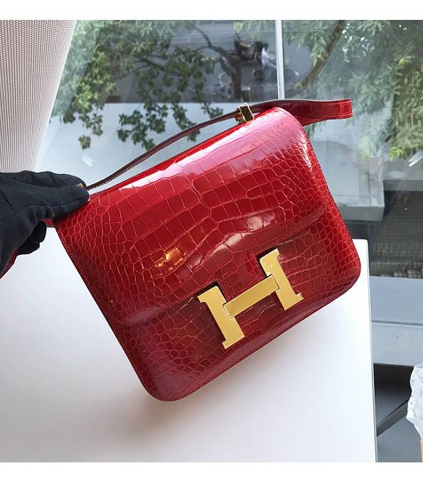 Hermes Constance 24cm Bag Red Real Croc Leather Golden Metal