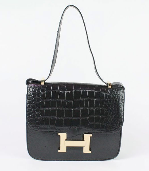 Hermes Constance Bag Gold Lock Black Croc Veins Leather