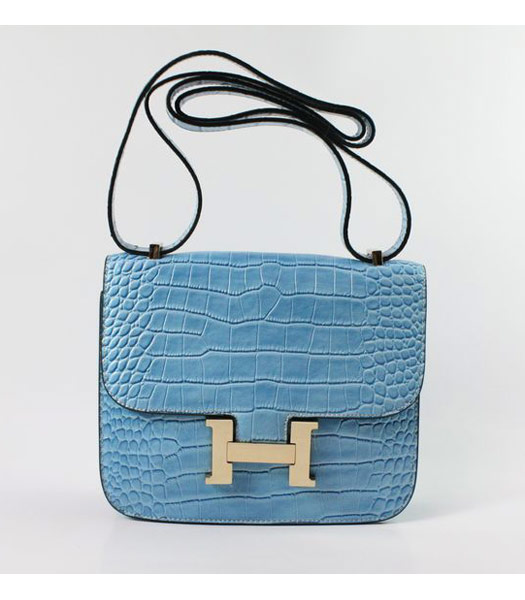 Hermes Constance Bag Gold Lock Blue Croc Veins Leather