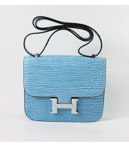 Hermes Constance Bag Silver Lock Blue Croc Veins Leather