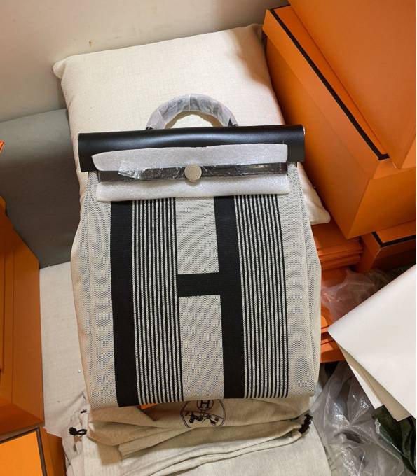 Hermes Hac A Dos GM Backpack Logo Print White Canvas With Black Original Togo Leather Silver Metal