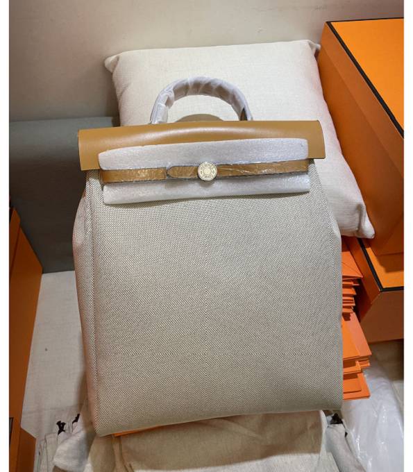 Hermes Hac A Dos GM Backpack White Canvas With Brown Original Togo Leather Golden Metal