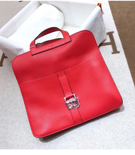 Hermes Halzan 30cm Red Imported Leather Handbag Silver Metal