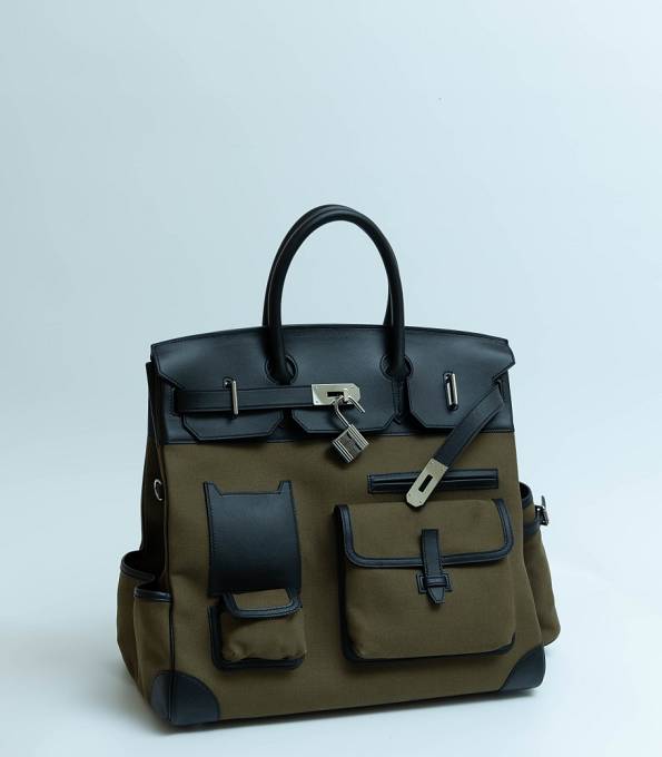 Hermes Haut A Courroies 40 Handbag Army Green Canvas With Black Original Cargo Calfskin Leather Silver Metal-1
