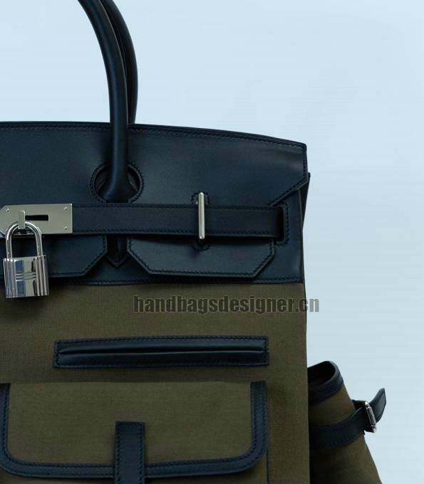 Hermes Haut A Courroies 40 Handbag Army Green Canvas With Black Original Cargo Calfskin Leather Silver Metal-6