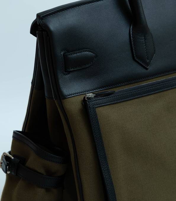 Hermes Haut A Courroies 40 Handbag Army Green Canvas With Black Original Cargo Calfskin Leather Silver Metal-7
