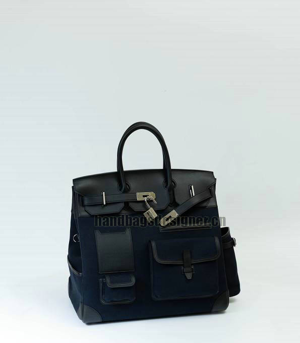 Hermes Haut A Courroies 40 Handbag Black Canvas With Original Cargo Calfskin Leather Silver Metal-2