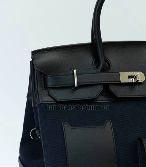 Hermes Haut A Courroies 40 Handbag Black Canvas With Original Cargo Calfskin Leather Silver Metal-4