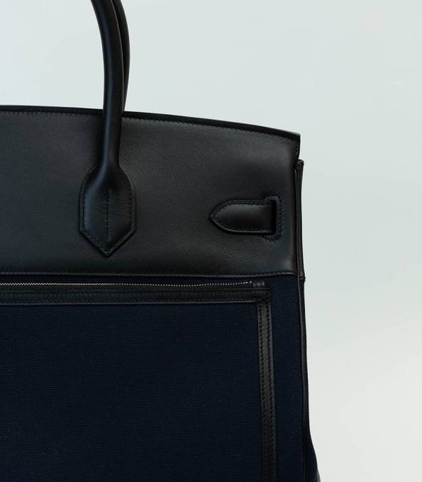 Hermes Haut A Courroies 40 Handbag Black Canvas With Original Cargo Calfskin Leather Silver Metal-8