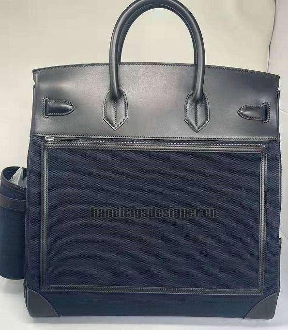Hermes Haut A Courroies 40 Handbag Dark Blue Canvas With Black Original Cargo Calfskin Leather Silver Metal-2