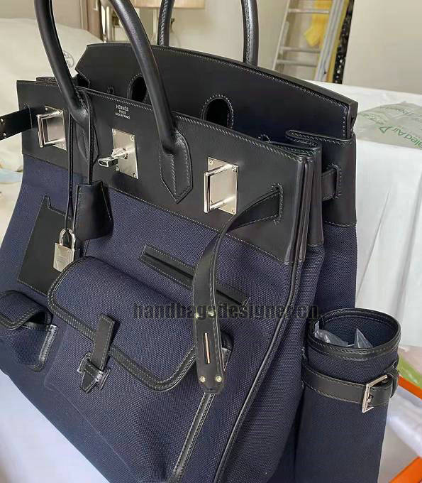 Hermes Haut A Courroies 40 Handbag Dark Blue Canvas With Black Original Cargo Calfskin Leather Silver Metal-3