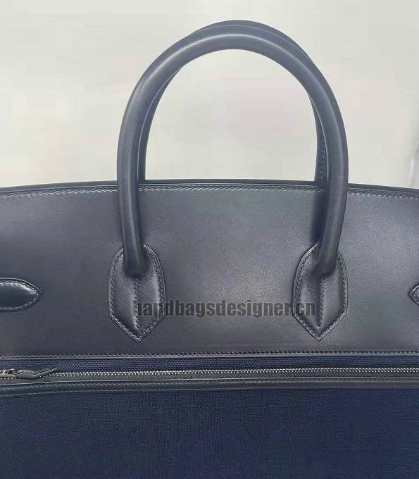 Hermes Haut A Courroies 40 Handbag Dark Blue Canvas With Black Original Cargo Calfskin Leather Silver Metal-4
