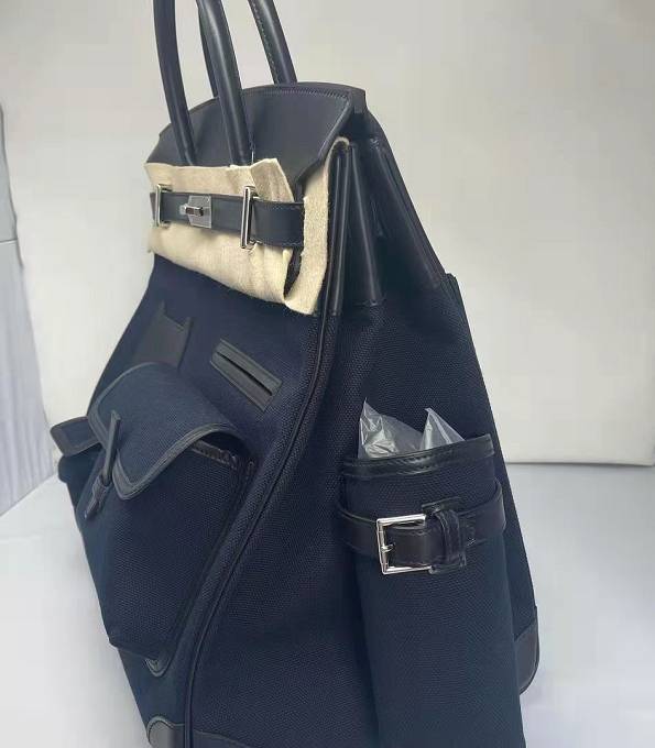 Hermes Haut A Courroies 40 Handbag Dark Blue Canvas With Black Original Cargo Calfskin Leather Silver Metal-5