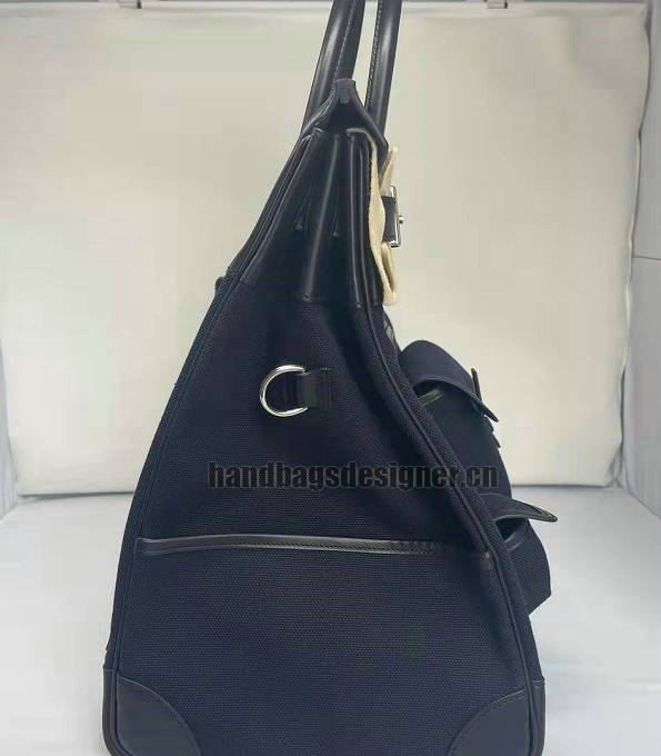 Hermes Haut A Courroies 40 Handbag Dark Blue Canvas With Black Original Cargo Calfskin Leather Silver Metal-6