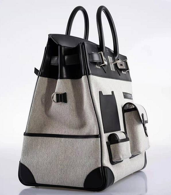 Hermes Haut A Courroies 40 Handbag Grey Canvas With Black Original Cargo Calfskin Leather Silver Metal-1