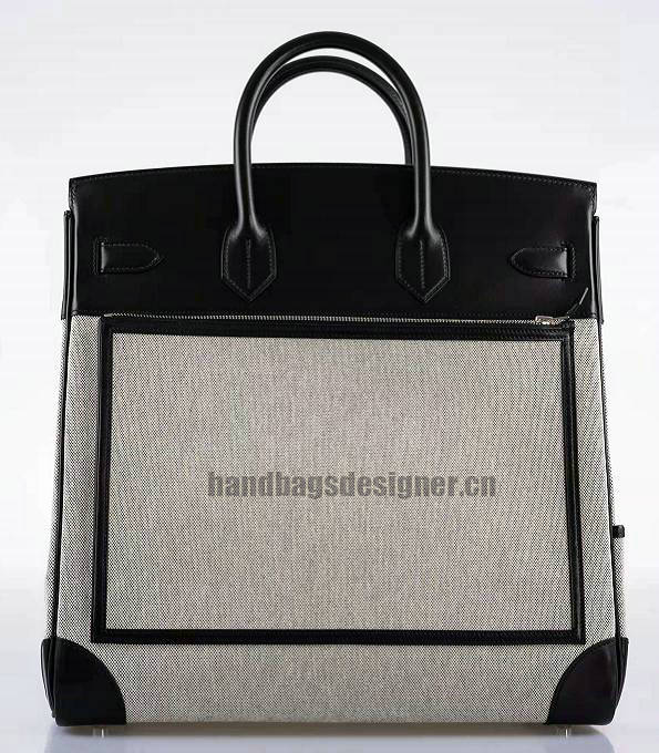 Hermes Haut A Courroies 40 Handbag Grey Canvas With Black Original Cargo Calfskin Leather Silver Metal-2