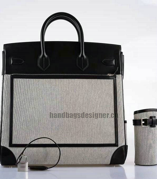 Hermes Haut A Courroies 40 Handbag Grey Canvas With Black Original Cargo Calfskin Leather Silver Metal-3