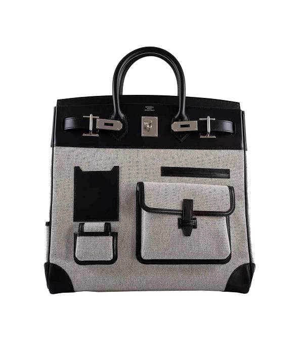 Hermes Haut A Courroies 40 Handbag Grey Canvas With Black Original Cargo Calfskin Leather Silver Metal