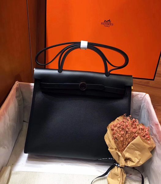 Hermes Herbag Black Linen With Imported Leather 31 Zip Tote Handbag