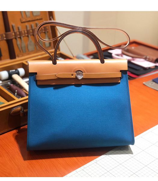 Hermes Herbag Blue Canvas With Light Brown Imported Leather 31 Zip Tote Handbag