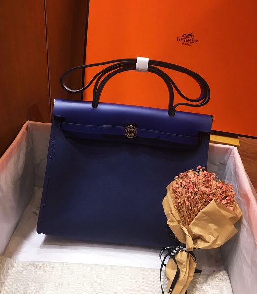 Hermes Herbag Dark Blue Canvas With Electric Blue Imported Leather 31 Zip Tote Handbag