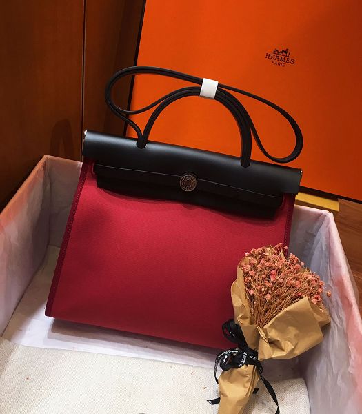 Hermes Herbag Dark Red Canvas With Black Imported Leather 31 Zip Tote Handbag