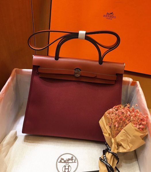 Hermes Herbag Dark Red Canvas With Coffee Imported Leather 31 Zip Tote Handbag