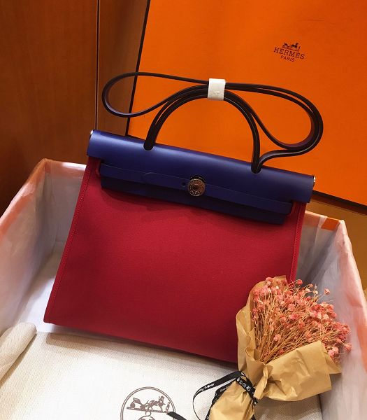 Hermes Herbag Dark Red Canvas With Electric Blue Imported Leather 31 Zip Tote Handbag