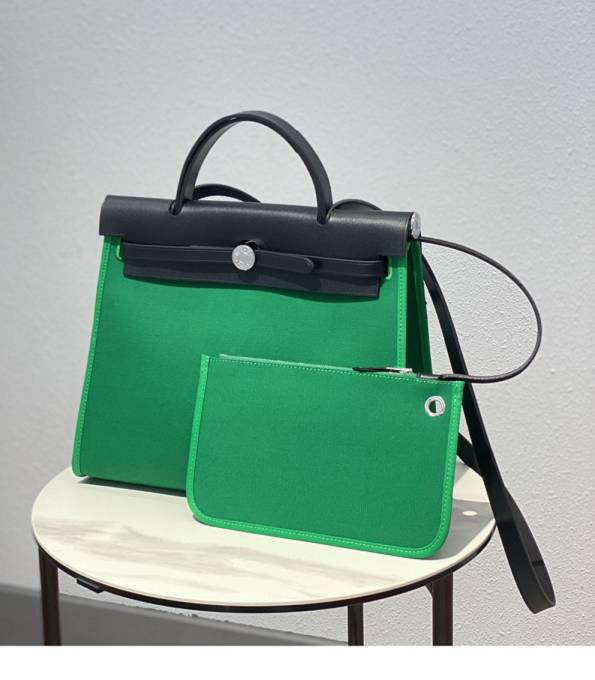 Hermes Herbag Green Canvas With Black Original Leather 31 Zip Tote Handbag