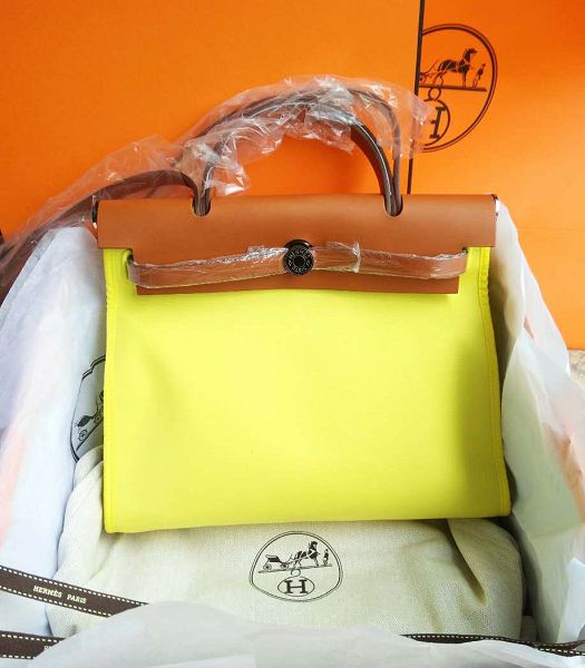 Hermes Herbag Lemon Yellow Canvas With Brown Imported Leather 31 Zip Tote Handbag