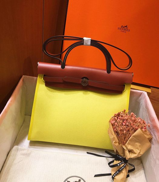 Hermes Herbag Lemon Yellow Canvas With Red Brown Imported Leather 31 Zip Tote Handbag