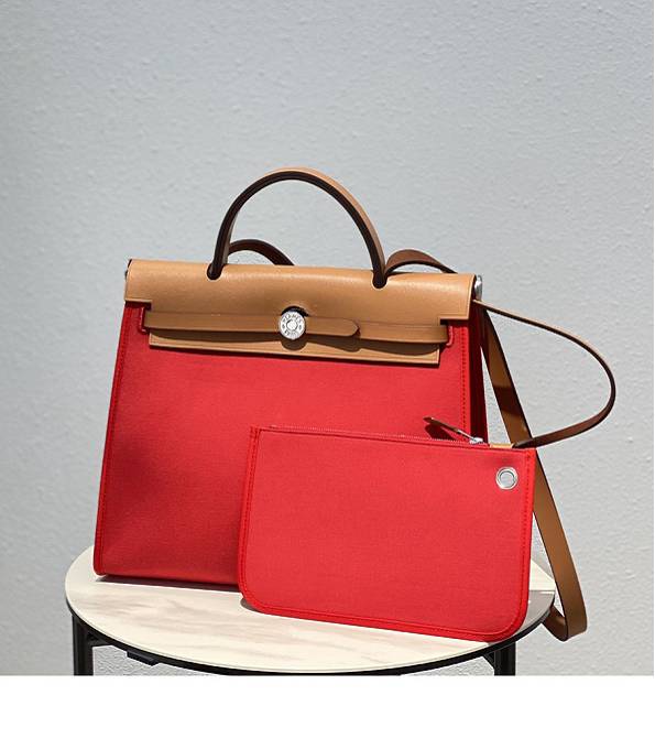 Hermes Herbag Red Canvas With Brown Original Leather 31 Zip Tote Handbag