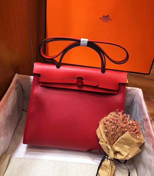 Hermes Herbag Red Linen With Imported Leather 31 Zip Tote Handbag