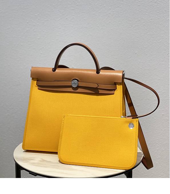 Hermes Herbag Yellow Canvas With Brown Original Leather 31 Zip Tote Handbag