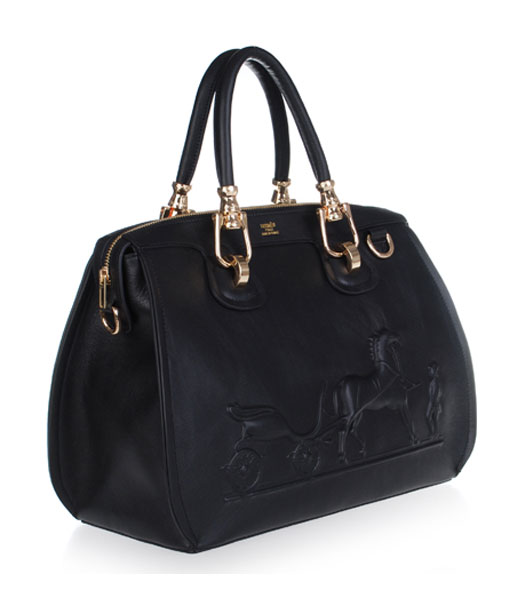Hermes Horse-drawn Carriage Black Plain Veins Bag Golden Metal-1